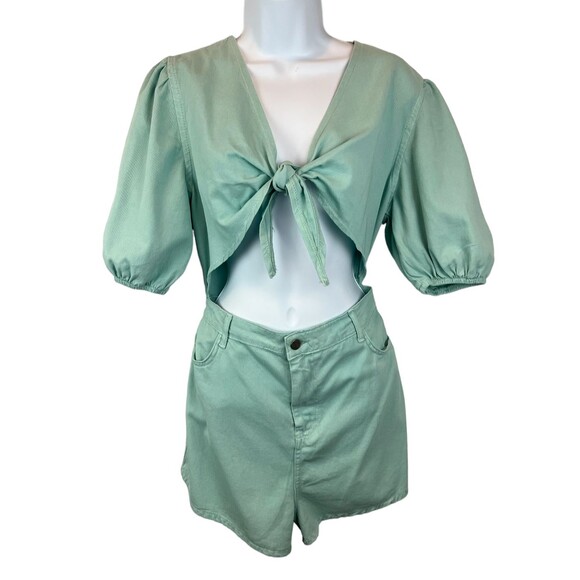 PrettyLittleThing Romper Womens 10 NWT Acid Green Cut-Out Front Denim Playsuit - Picture 5 of 13